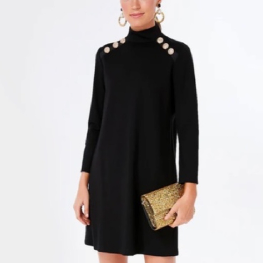 Tuckernuck Black Long-Sleeve Turtleneck Shift Dress with Gold Buttons